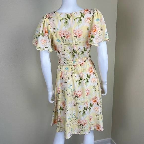 Code By Lifestyle Women’s Size 12 Yellow Floral Linen Cotton Fit & Flare Dress - Picture 9 of 16